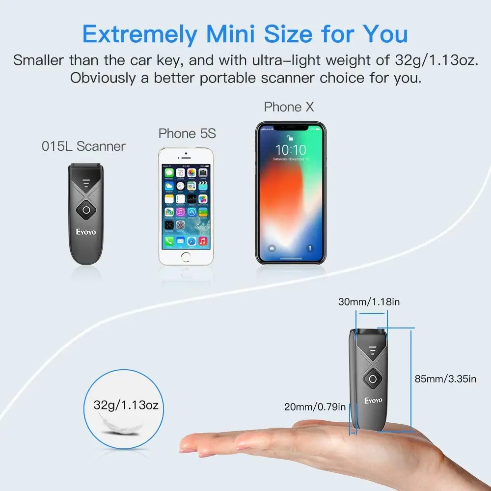 LECTOR ESCANER DE CODIGO DE BARRA PORTATIL EYOYO- EY-015, QR, 1D, 2D, BLUETOOTH, CABLE Y USB
