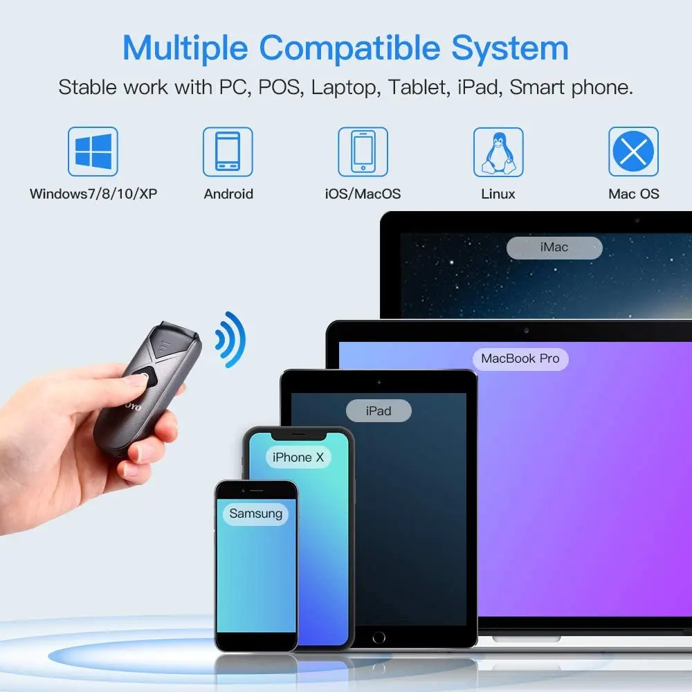 LECTOR ESCANER DE CODIGO DE BARRA PORTATIL EYOYO- EY-015, QR, 1D, 2D, BLUETOOTH, CABLE Y USB