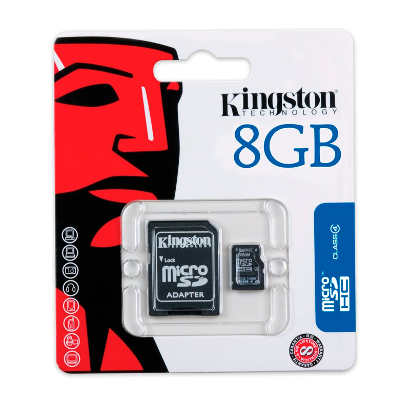 Memoria Flash MicroSDHC Kingston Class4, 8GB, Con Adaptador SD, Presentación En Colgador.