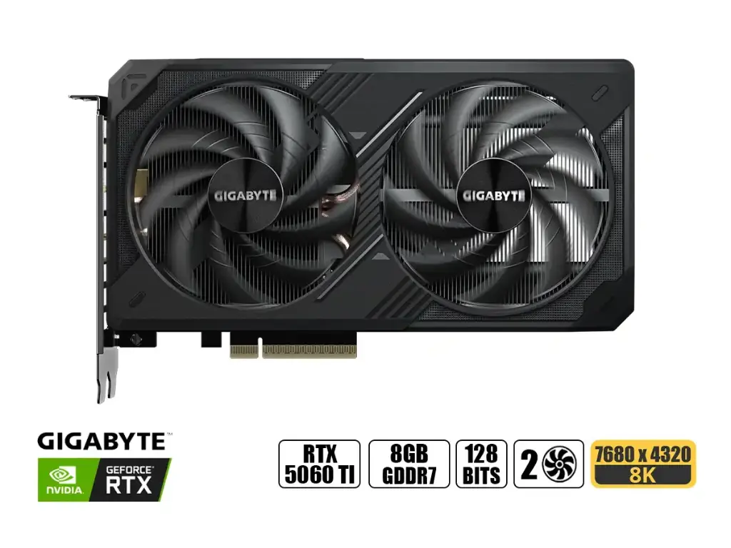 Tarjeta De Video Gigabyte RTX 5060 Ti 8GB Windforce GDDR7 (GV-N506TWF2OC-8GD) Geforce Nvidia, 128 Bits, 2 Ventiladores