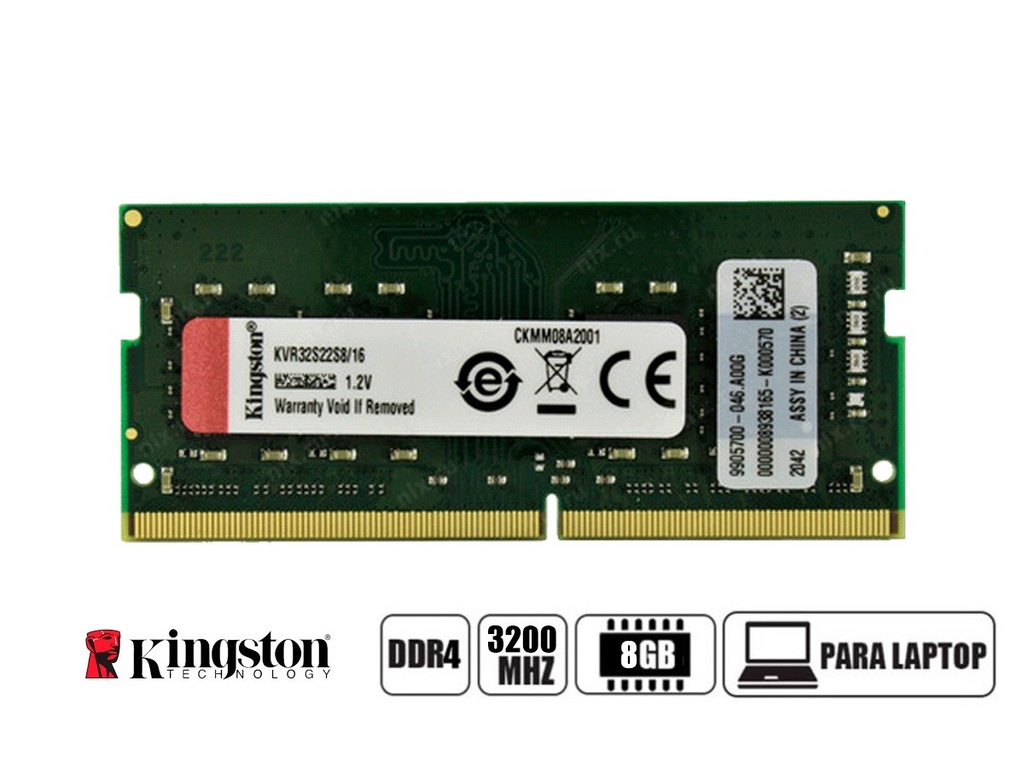 Memoria RAM Kingston 8GB, SO-DIMM DDR4-3200MHz, CL22, 1.2V, 260-Pin, Non-ECC